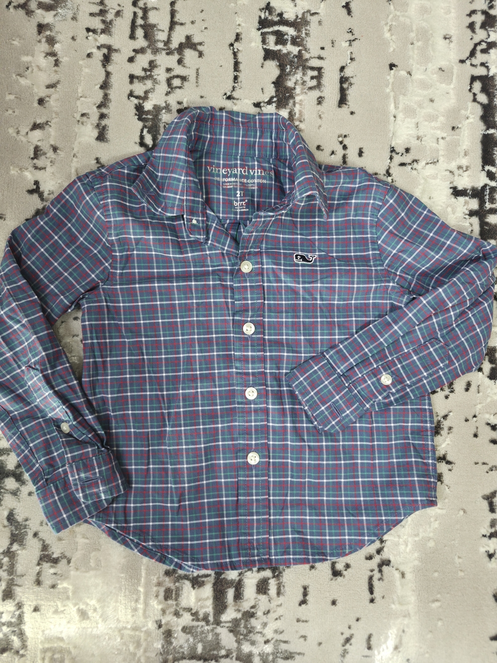 Vineyard Vines Whale Shirt boys Size 2t Blue Plaid Print Long Sleeve